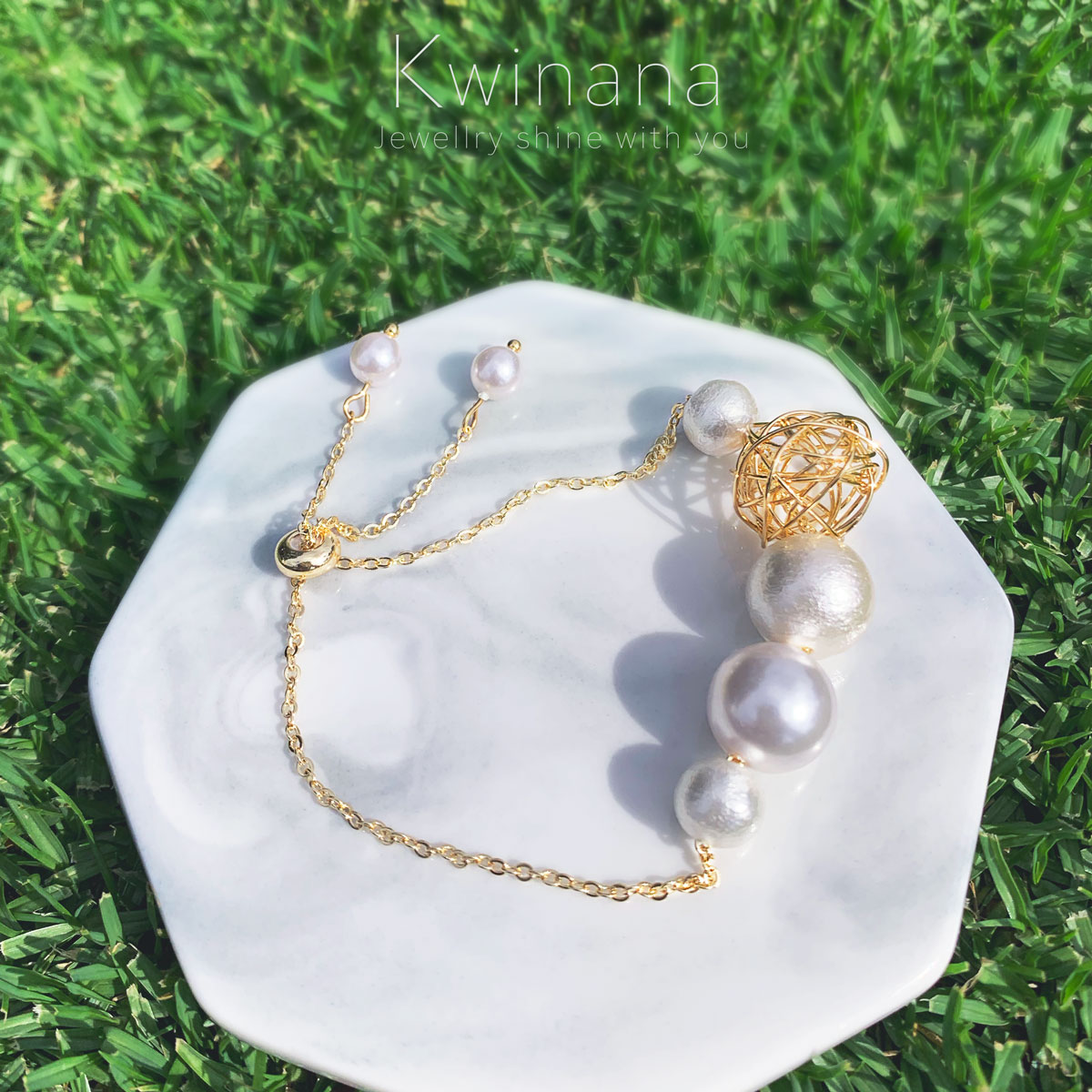 Golden Hydrangea & Cotton Beads Bracelet